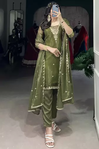 Incredible Olive Green Sequins Organza Mehendi Wear Salwar Suit