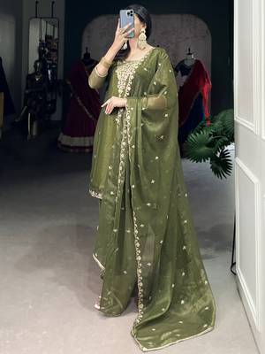 Incredible Olive Green Sequins Organza Mehendi Wear Salwar Suit 5