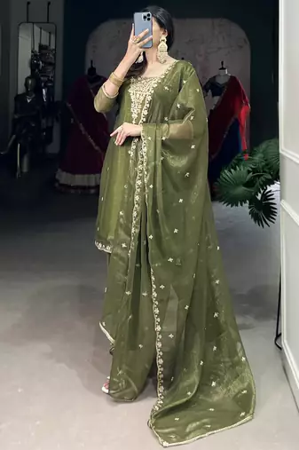 Incredible Olive Green Sequins Organza Mehendi Wear Salwar Suit