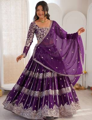 Classy Purple Thread Work Georgette Sangeet Wear Lehenga Choli 1