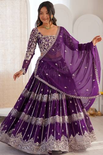 Classy Purple Thread Work Georgette Sangeet Wear Lehenga Choli