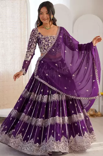 Classy Purple Thread Work Georgette Sangeet Wear Lehenga Choli