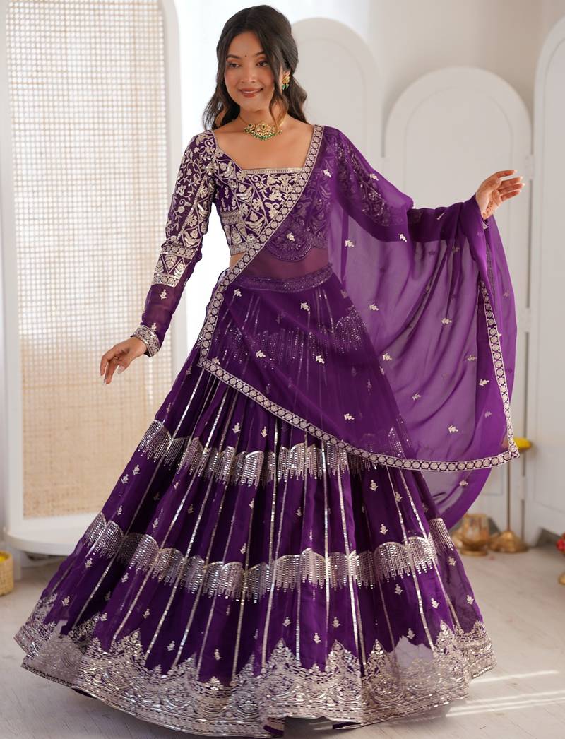 Classy Purple Thread Work Georgette Sangeet Wear Lehenga Choli