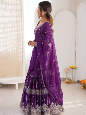 Classy Purple Thread Work Georgette Sangeet Wear Lehenga Choli 3