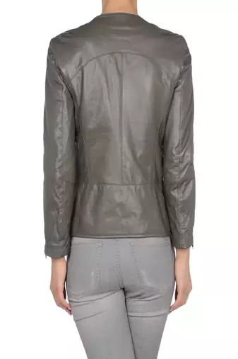 women's grey napa leather biker jacket classic moto zip style