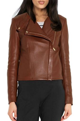 women's brown napa leather biker jacket classic moto zip style premium