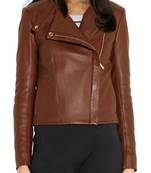 women's brown napa leather biker jacket classic moto zip style premium