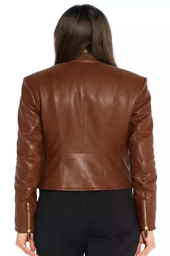 women's brown napa leather biker jacket classic moto zip style premium