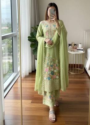 Green chinon readymade suit with embroidery & diamond work 1