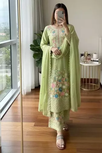 Green chinon readymade suit with embroidery & diamond work