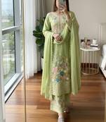 Green chinon readymade suit with embroidery & diamond work