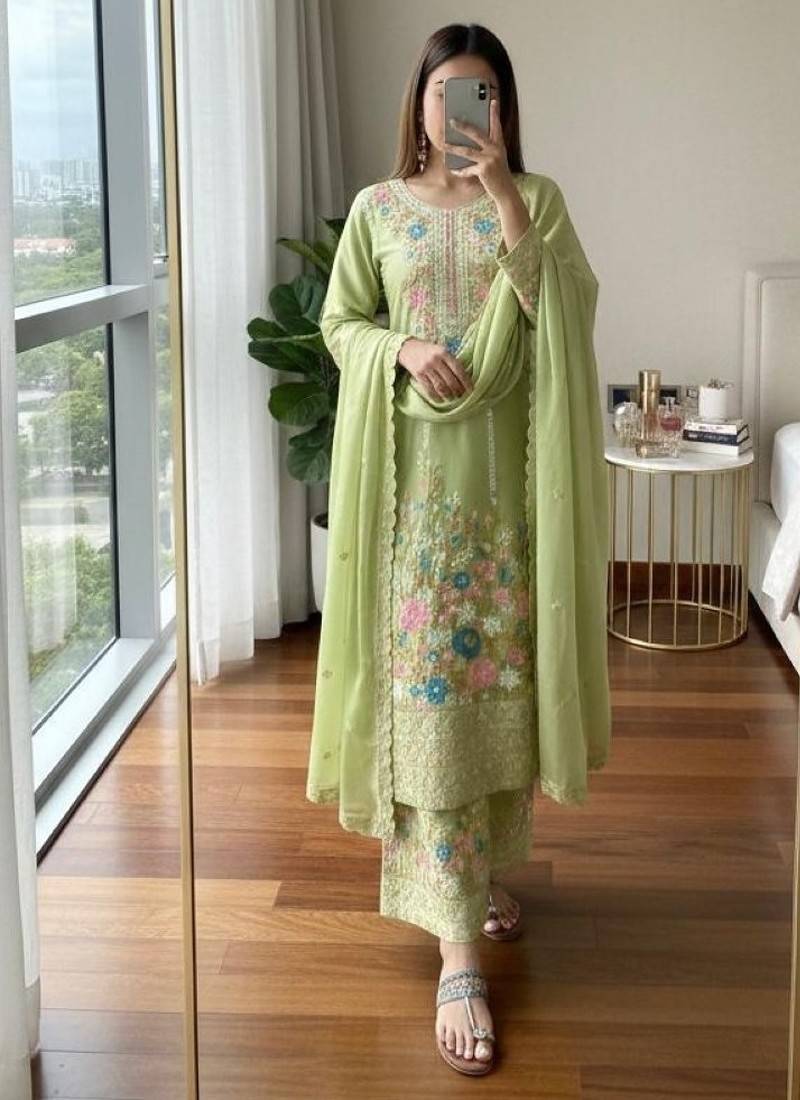 Green chinon readymade suit with embroidery & diamond work