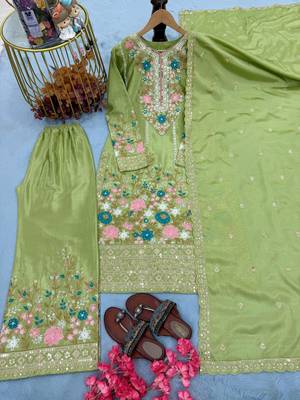 Green chinon readymade suit with embroidery & diamond work 2