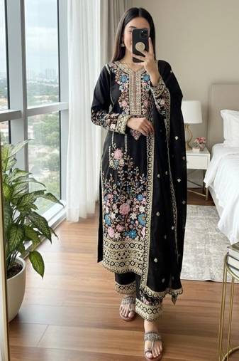 Black chinon readymade suit with embroidery & diamond work