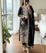 Black chinon readymade suit with embroidery & diamond work