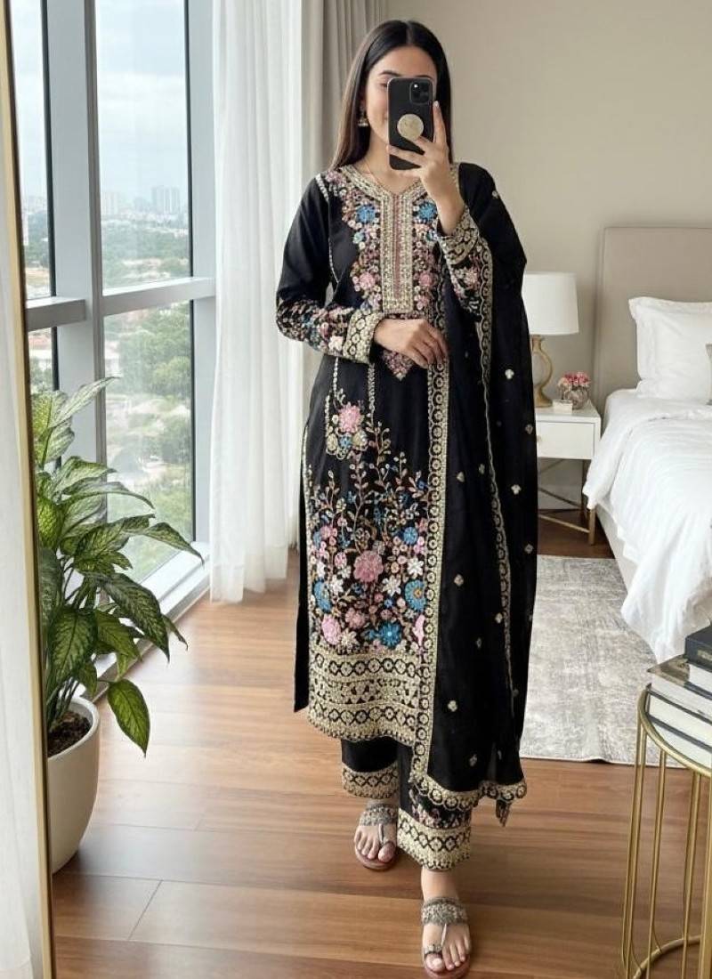 Black chinon readymade suit with embroidery & diamond work