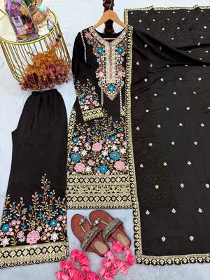 Black chinon readymade suit with embroidery & diamond work 2