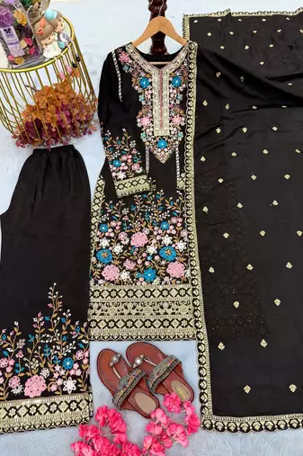 Black chinon readymade suit with embroidered diamond 