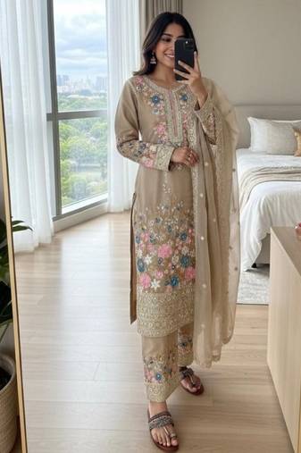 Beige chinon readymade suit with embroidery & diamond work