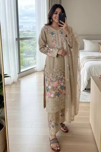 Beige chinon readymade suit with embroidery & diamond work