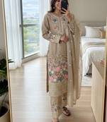 Beige chinon readymade suit with embroidery & diamond work