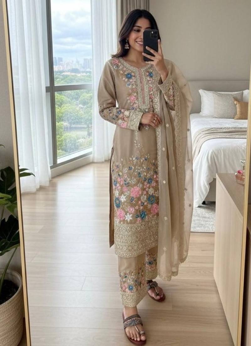 Beige chinon readymade suit with embroidery & diamond work