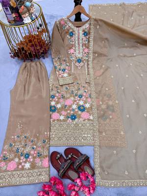 Beige chinon readymade suit with embroidery & diamond work 2
