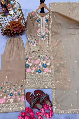 Beige chinon readymade suit with embroidered diamond 