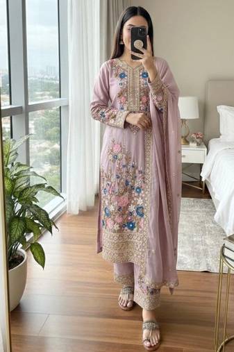 Lavender chinon readymade suit with embroidery & diamond work