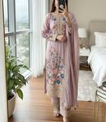 Lavender chinon readymade suit with embroidery & diamond work