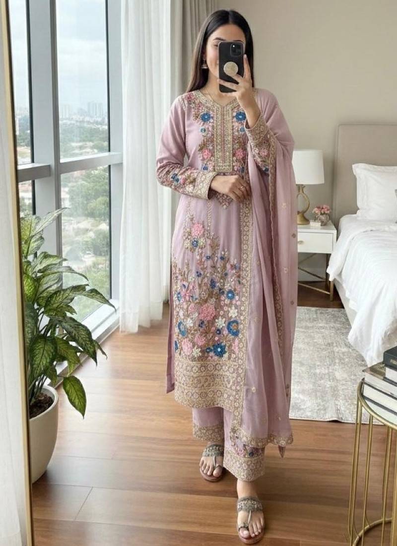 Lavender chinon readymade suit with embroidery & diamond work
