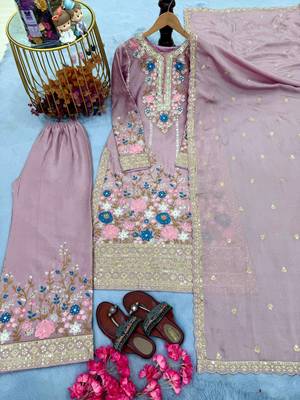 Lavender chinon readymade suit with embroidery & diamond work 2