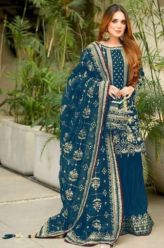 Teal faux georgette readymade suit with embroidery & moti work