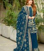 Teal faux georgette readymade suit with embroidery & moti work