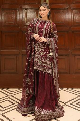 Maroon faux georgette readymade suit with embroidery & moti work