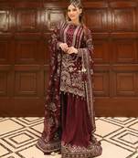 Maroon faux georgette readymade suit with embroidery & moti work