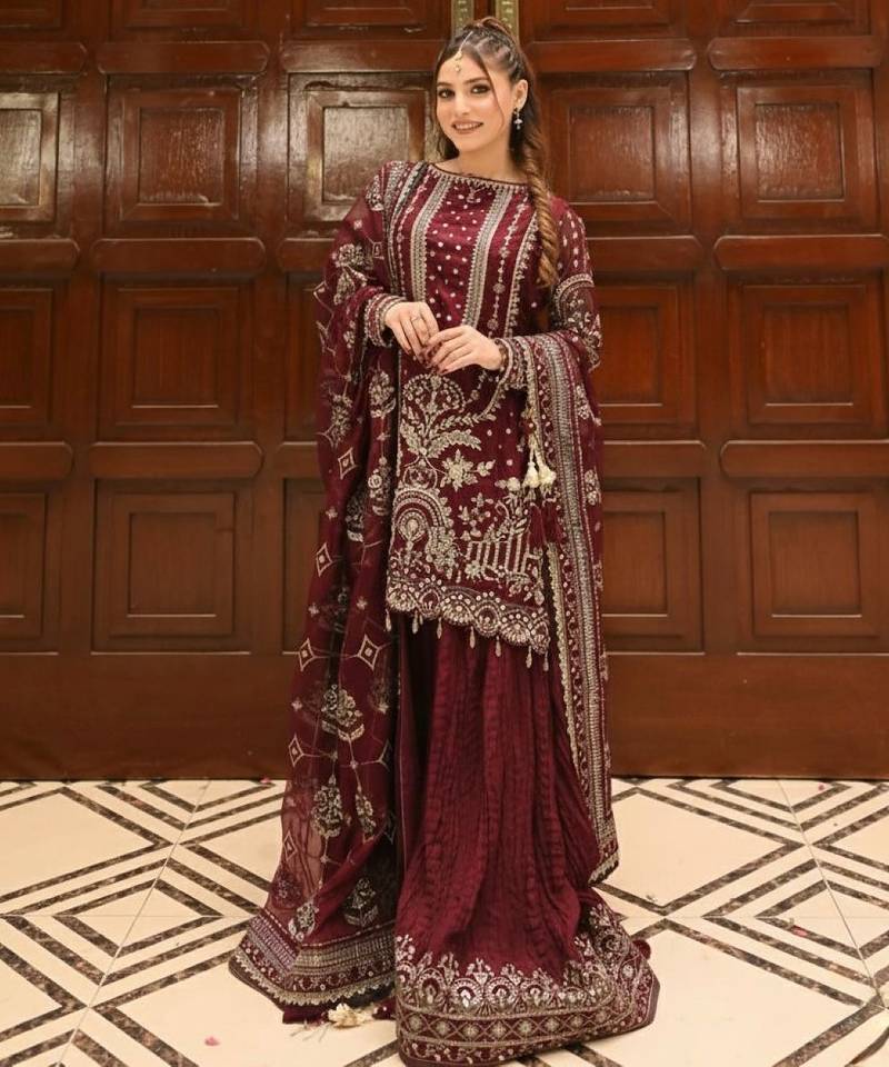 Maroon faux georgette readymade suit with embroidery & moti work