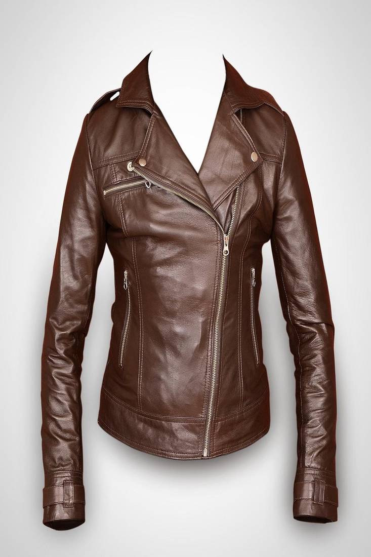 Women brown 100% lambskin leather jacket biker motorcycle napa leather jacket-lc-109