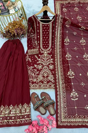 Maroon faux georgette readymade suit with embroidered moti 