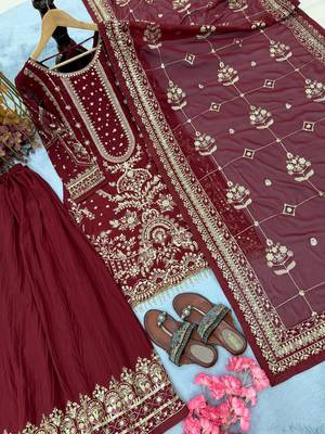 Maroon faux georgette readymade suit with embroidery & moti work 3