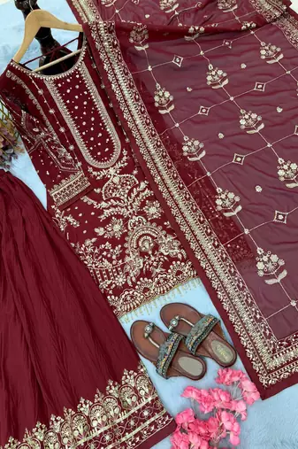 Maroon faux georgette readymade suit with embroidered moti 