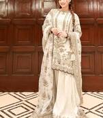 Off white faux georgette readymade suit with embroidery & moti work