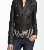 women's black napa leather biker jacket hooded biker silhouette