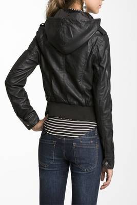 women's black napa leather biker jacket hooded biker silhouette 2