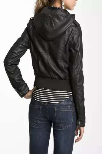 women's black napa leather biker jacket hooded biker silhouette