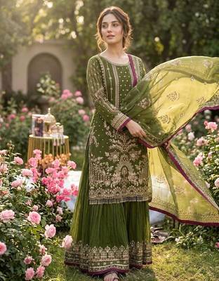 Mehendi faux georgette readymade suit with embroidery & moti work 1