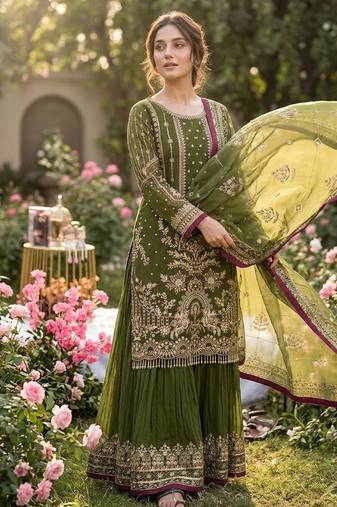 Mehendi faux georgette readymade suit with embroidery & moti work