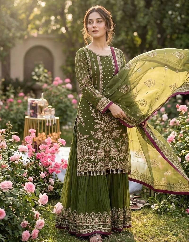 Mehendi faux georgette readymade suit with embroidery & moti work