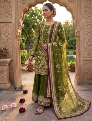 Mehendi faux georgette readymade suit with embroidery & moti work 2