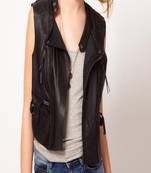 women's black premium napa leather biker jacket sleeveless silhouette